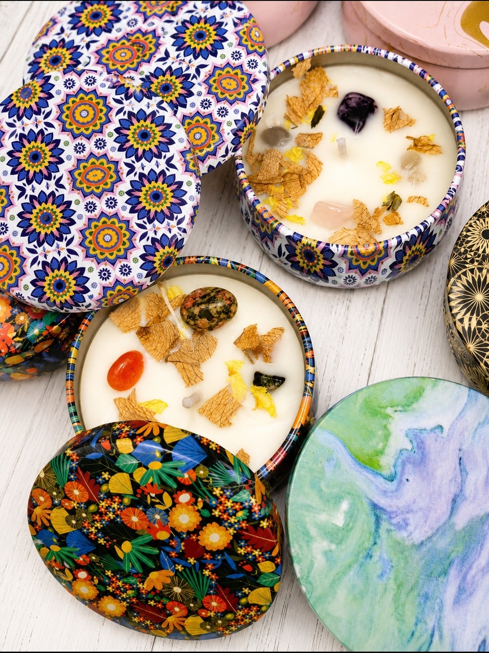 5 Soy Scented Tin Candles With Natural Stones Amethyst Quartz Tiger Eye Agates